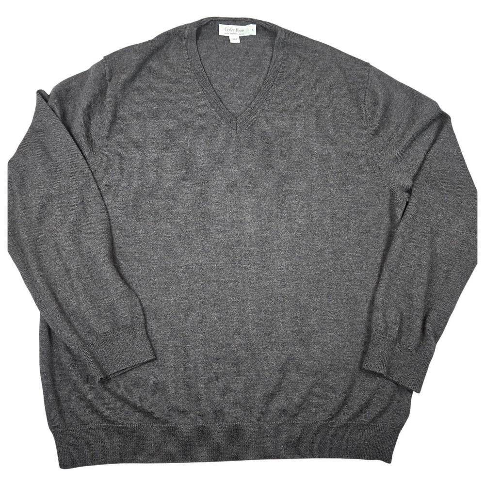 Calvin Klein Extra Fine Italian Merino Wool V-Neck Sweater Men's XL Gray